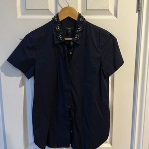 J.Crew Navy blue embellished collar short sleeve shirt